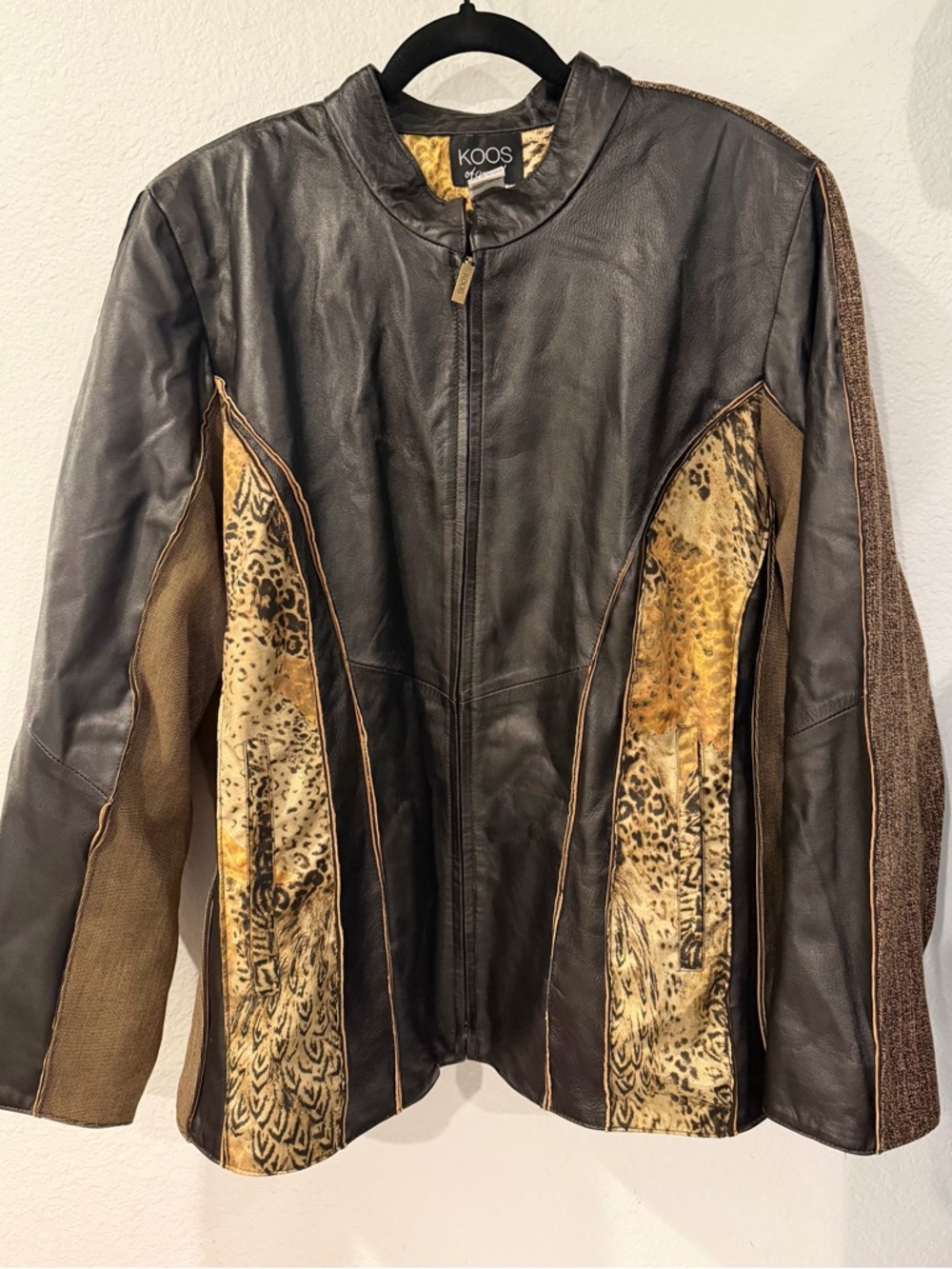 KOOS of Course!!Leather & Mixed-Media Dark Brown and animal print Women's Jacket